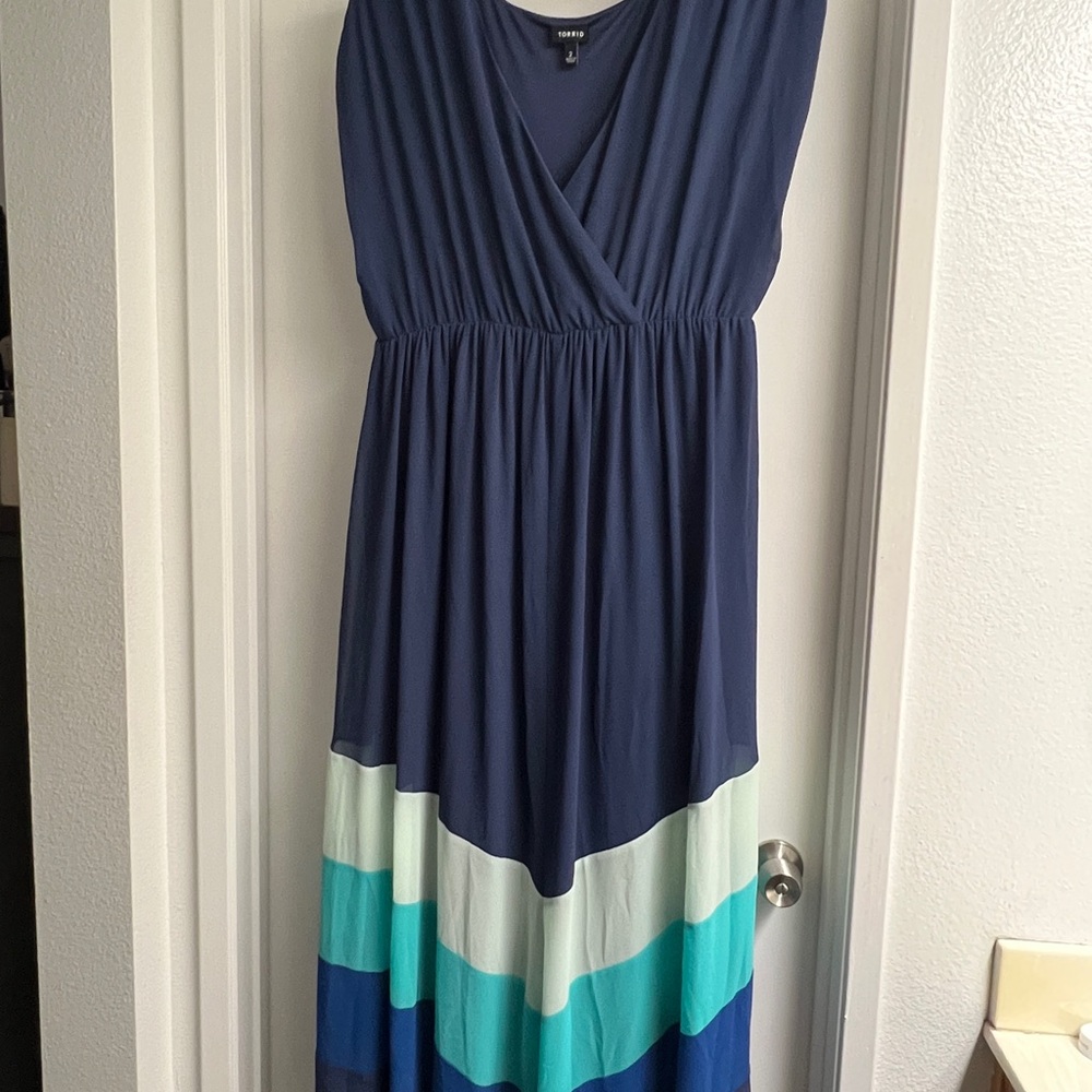 Torrid Blue, White and Green Tiered Wrap Maxi Dress